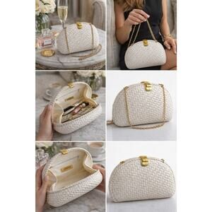 Vintage VANESSA White Woven Clutch Purse Gold Chain Strap Evening Bag